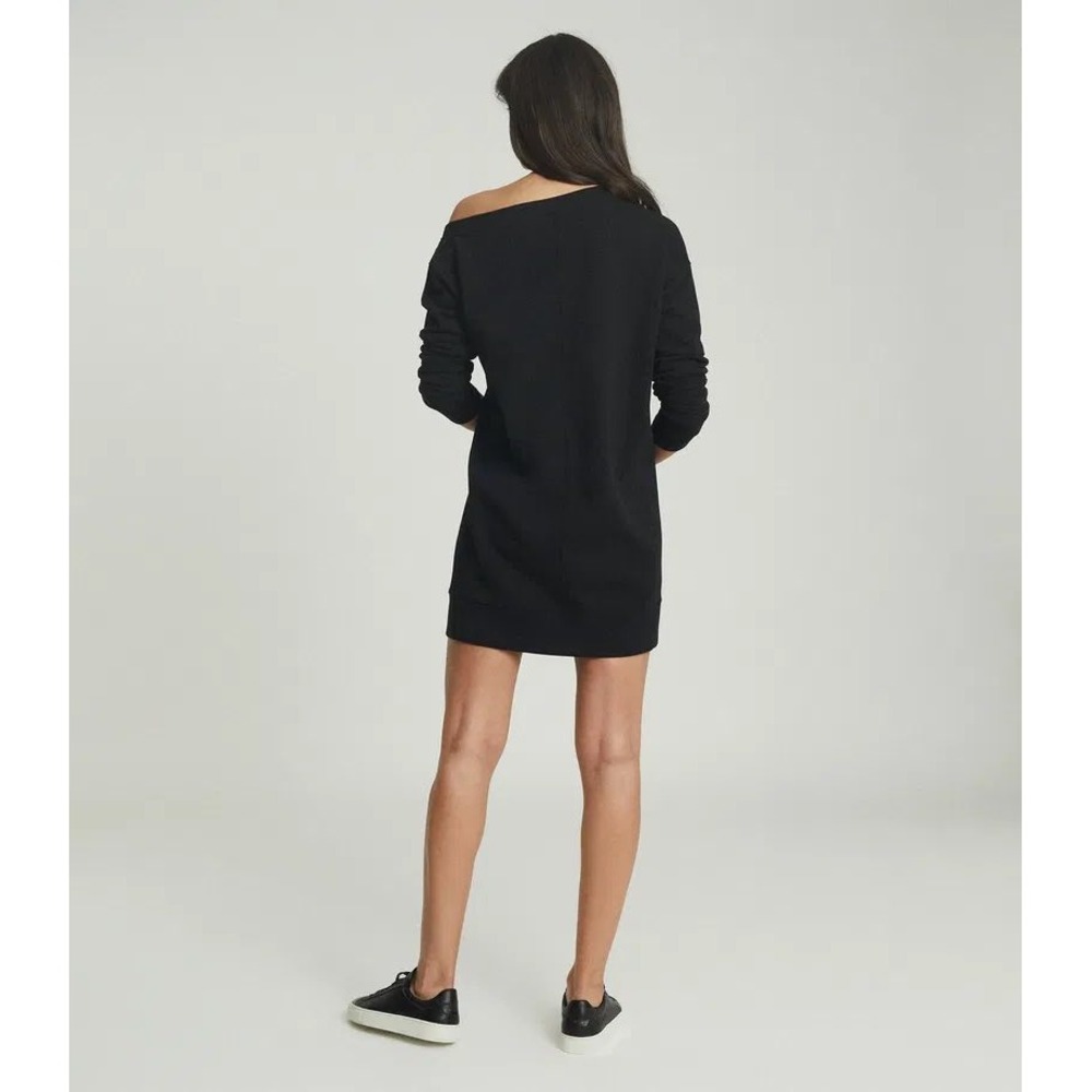 REISS Portia Black Off-The-Shoulder Sweatshirt Dress Size S Long Sleeve Mini - Picture 2 of 7